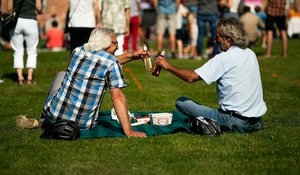 Zwei Männer picknicken auf einer Wiese